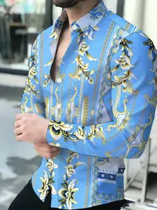 Men's Long Sleeve Shirt Blue Baroque Print Novel Pattern