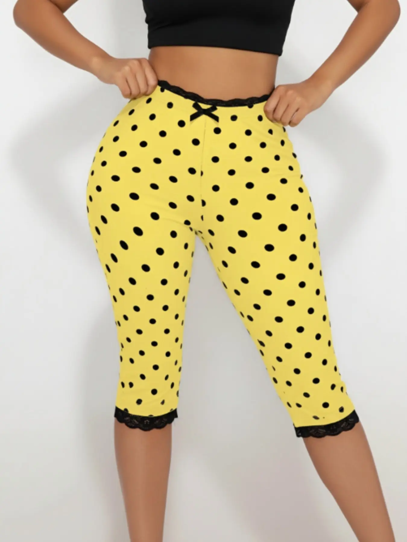 Women's Sexy Lace Edge Polka Dot Seven-Eighths Tight Fitted Bottoms, Casual Sporty Fitness Lace Trim Slim Pants, All Seasons Wear