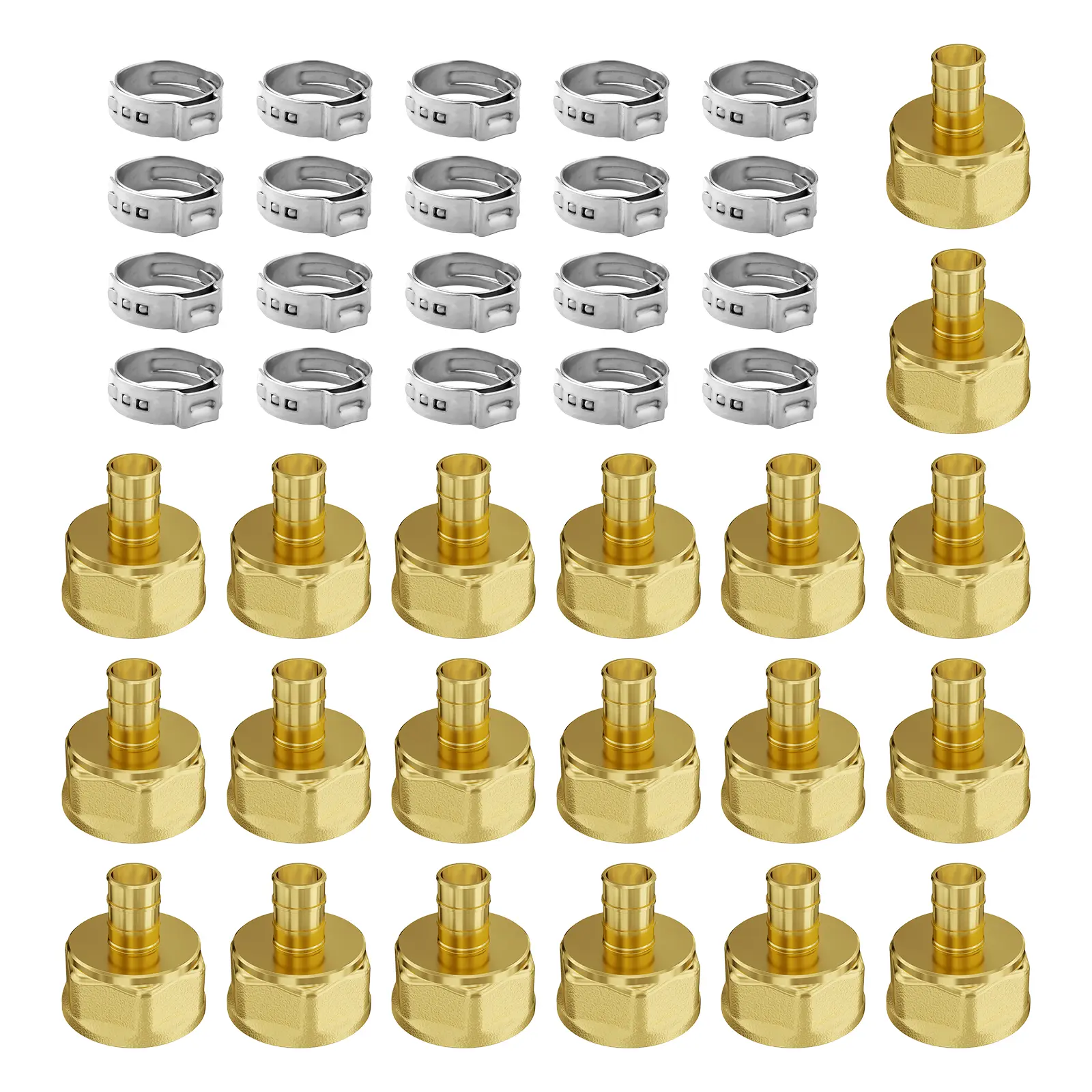 【summerfinds】VEVOR 20PCS 1/2" Commercial Brass Clamp-Style Fittings, 1/2 NPT Female Threaded Connectors, Durable Plumbing Adapters for Hot and Cold Water, PEX/PP Pipes, Heating Systems, Water Pipes