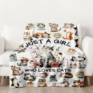 Cozy Cat Lover'S Throw Blanket - Ultra-Soft Flannel, "Just a Girl Who Loves Cats" Design, Lightweight & Comfortable, Perfect Gift for Cat Enthusiasts, All-Season Use, White with Playful Cat Illustrations, Cat Blanket