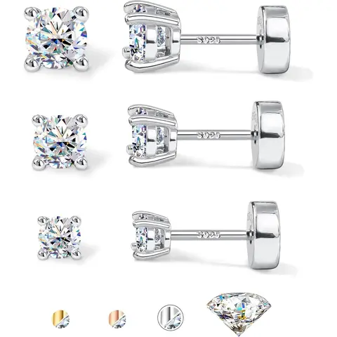 Chic 3-Pair Versatile Earrings Set - 14K White Gold Plated S925 Sterling Silver D Color VVS1 1.8CT Synthetic Moissanite Flat Back Studs for Men & Women, Tragus Cartilage Helix Piercing Jewelry