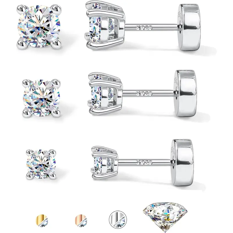 Chic 3-Pair Versatile Earrings Set - 14K White Gold Plated S925 Sterling Silver D Color VVS1 1.8CT Synthetic Moissanite Flat Back Studs for Men & Women, Tragus Cartilage Helix Piercing Jewelry