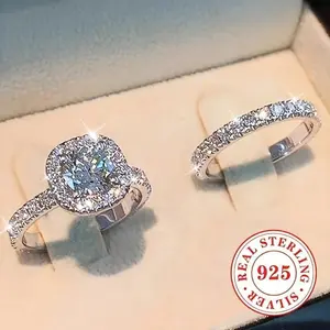 Valentine's Day 2-Piece Set for Women - 4.9g 925 Sterling Silver Elegant Luxurious April Birthday Wedding Banquet Ring Set with Classic Four-Prong Design gifts2
