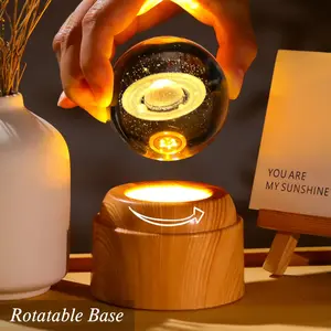 3D Saturn Crystal Ball 2.36 inches, carved rotating wooden base, crystal ball Saturn lamp, astronomy gift, physical science decoration, space gift suitable for women and men, holiday gift, children's gift