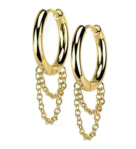 Gold PVD Dangle Chain Stainless Steel Hinged Earrings