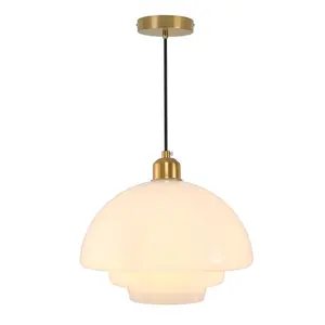 ​​Mid-Century Modern Gold Pendant Light with White Glass Shade Adjustable Height Nordic Hanging Lamp for Kitchen Island, Dining Table Bedroom Lighting​​