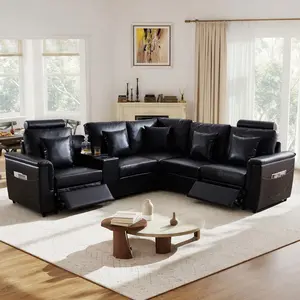 Giratree Modular PU Electric Sofa — includes two electric reclining chairs and a 5-seat L-shaped corduroy “cloud” sofa; equipped with a storage control console, charging ports, and a cup holder; a plush, comfortable “cloud” sofa designed for the living ro
