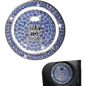 2 count Bling  Push Start Button Cover,  Rhinestone Auto Engine Stop Decor Ring Sticker, Sparkling Key  & Knob Bling Ring, Universal  Interior Accessory for  (Blue)