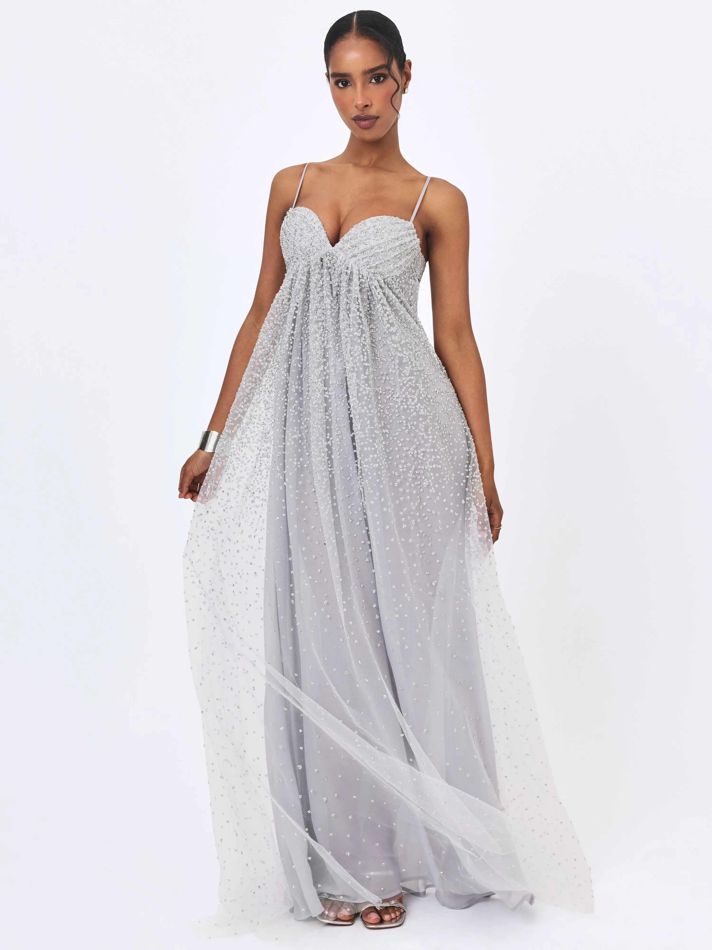 Wallie Silver Rhinestone Embellished Mesh Backless Gown Wallie Silver Rhinestone Embellished Mesh Backless Gown