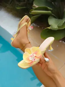Women's Orchid Flower Kitten Heel Mules, Square Toe Slide Sandals, Summer Beach Dress Shoes, High Heel Cool Slippers