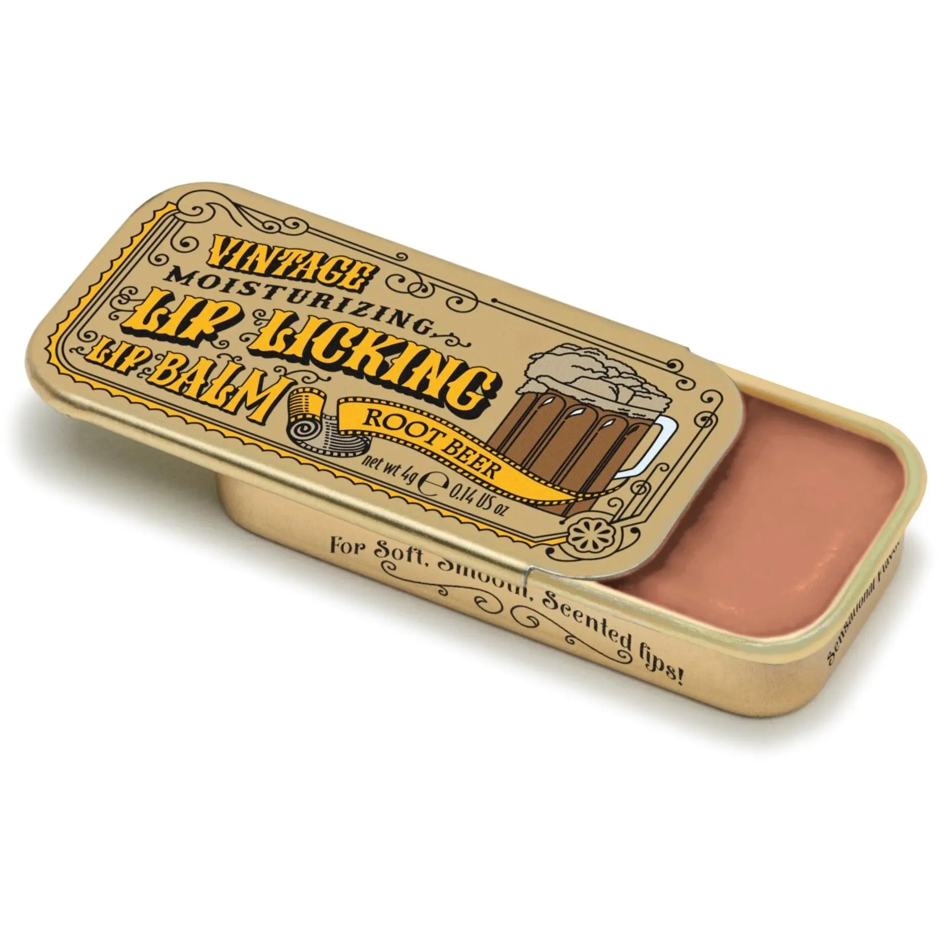 Tinte Cosmetics Scented Root Beer Tinted Lip Balm - Cosmetic with Moisturizing Shea Butter for Silky Smooth Finish, Vintage Slider Tin, 0.23 oz, All Natural Lip Balm