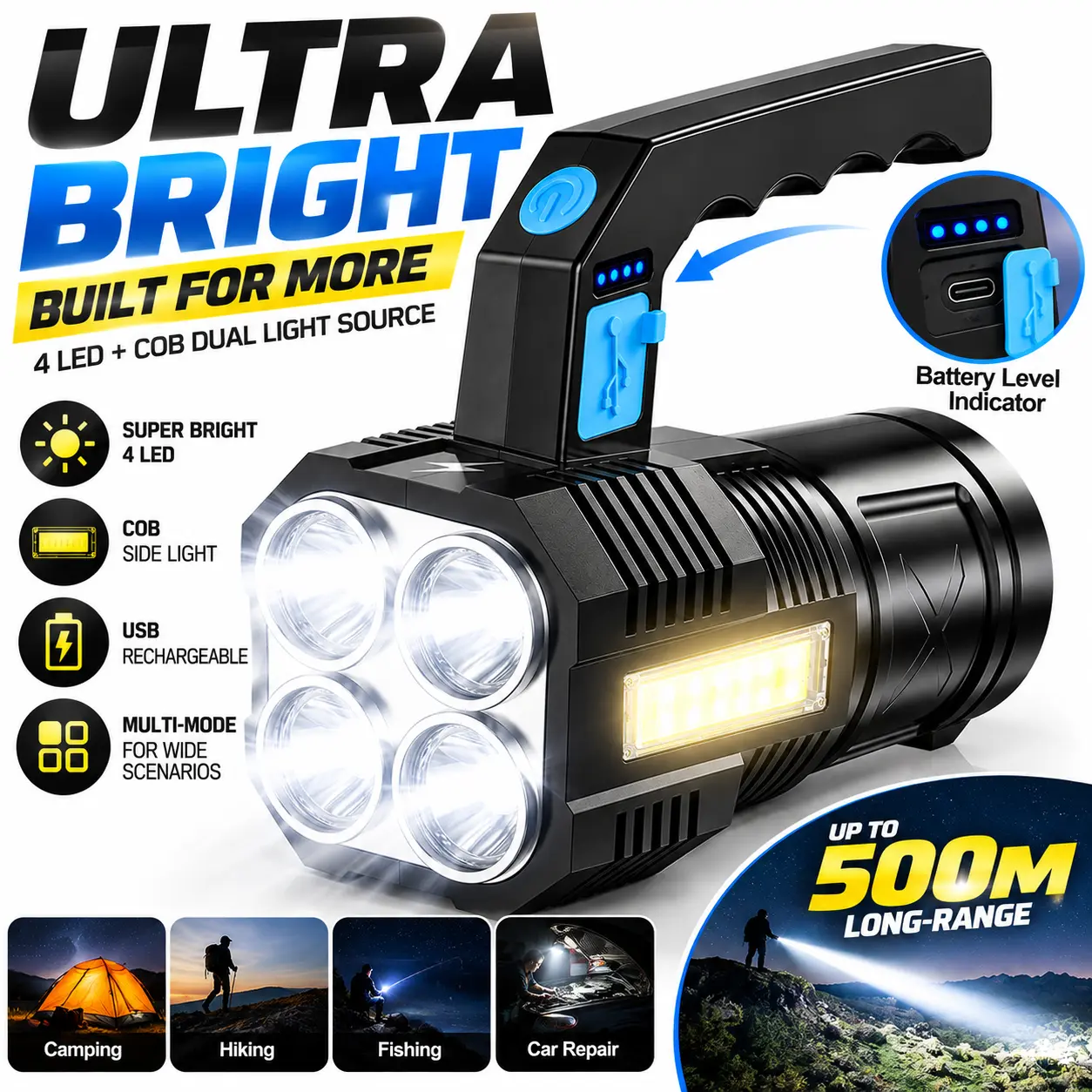 Portable Handheld Flashlight - Rechargeable LED Flashlights with Grip, 4-LED Strong Light Searchlight, COB Side Light, 4 Lighting Modes, Power Indicator, USB Charging, Waterproof Torch for Camping Hiking Gear