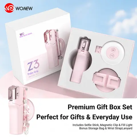 WONEW Z3 Premium Gift Box Full Kit, Metal Alloy Magnetic Zoom Selfie Stick with Fill Light, Portable Palm Grip Phone Camera Mount for Travel & Vlog, Pink - Compatible with iPhone/Android Smartphones (Z3 Series Phone Camera Mount Selfie Accessories)