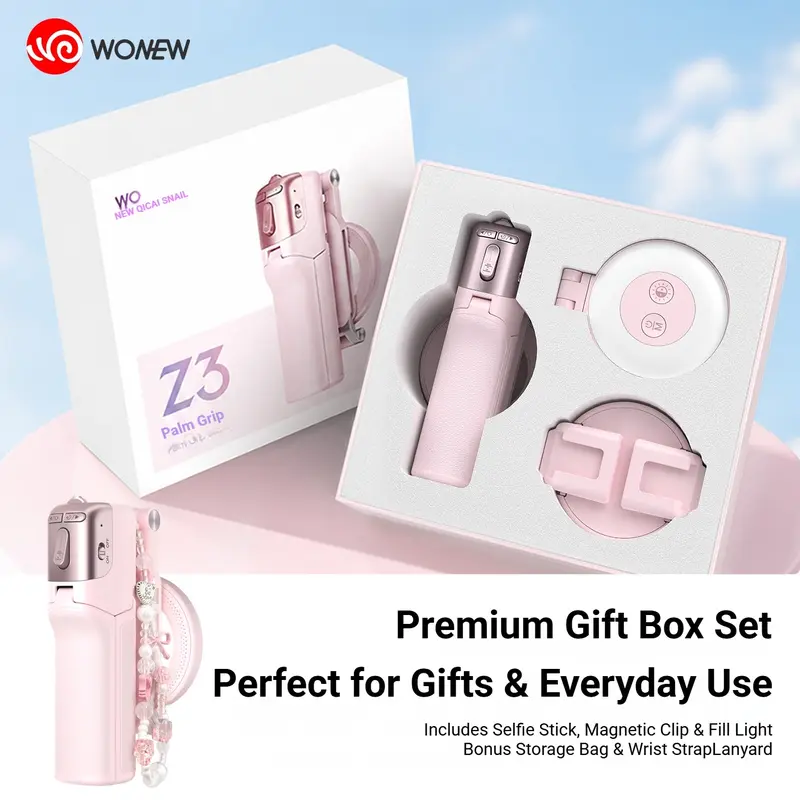 WONEW Z3 Premium Gift Box Full Kit, Metal Alloy Magnetic Zoom Selfie Stick with Fill Light, Portable Palm Grip Phone Camera Mount for Travel & Vlog, Pink - Compatible with iPhone/Android Smartphones (Z3 Series Phone Camera Mount Selfie Accessories)