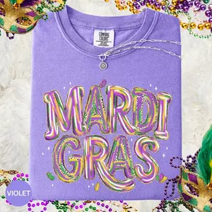 Comfort Colors Retro Mardi Gras T-shirt, Brush Mardi Gras Tee, Fleur De Lis T-shirt, Mardi Gras Party Outfit, Mardi Gras Gift For Women