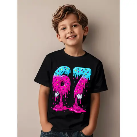 Boys' 180g Skin-Friendly Pure Cotton Fitted Short-Sleeve Graphic Printed Tees - Playful 67 Ice Cream Drip Print, 10-11 Years, 150(11-12Y), 100(3-4Y) & 5 More Sizes, Medium Stretch, Modest Casual Year-Round Kids' Top