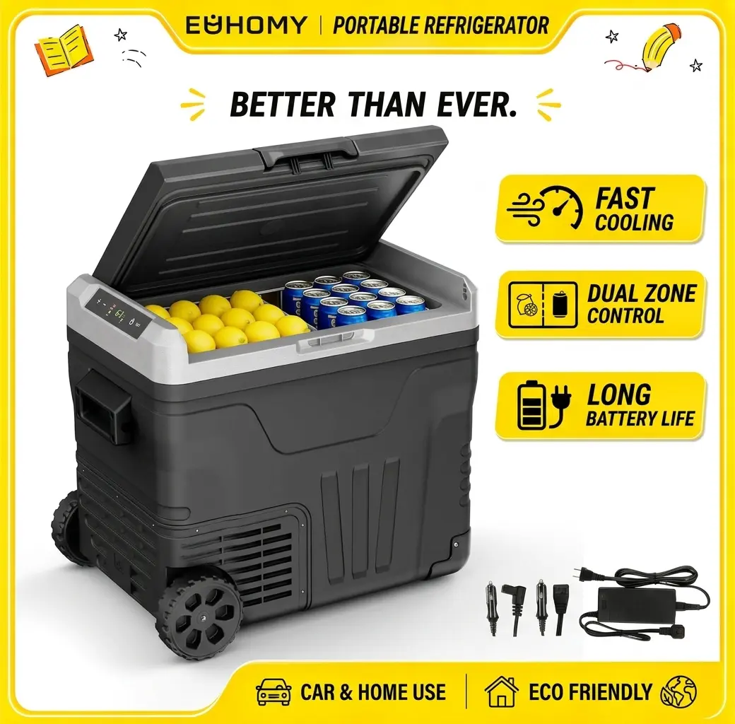 EUHOMY 12V Refrigerator (24/37/53Quart /23L/35L/50L) supports 12V/24V DC & 110-240V AC. Portable with -4°F~68°F range, it features wheels, 2 baskets, and large cooling zone. Ideal for RVs, travel, Truck, Boat, Insulated Portable Cooler, Cooler Carry Handl