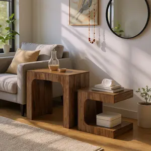 Nesting C-Shaped End Tables Set, Geometric  Design Accent Table Sofa Table  for Living Room, Industrial Vintage Coffee Table for Bedroom, Small Space