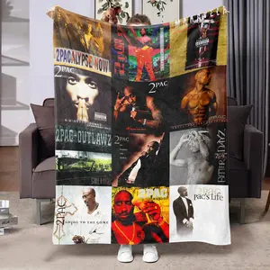2pac Hip-Hop Album Collection Fleece Blanket, Soft Warm Cozy, Multi-Use for Sofa Bed Office, Retro Style, Gift for Hip-Hop Fans