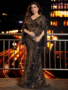 Women's High-Quality Stretch Sequins Super Fitted Plus Size V Neck Long Sleeve Split Sleeves Top, Perfect for Casual & Formal Occasions