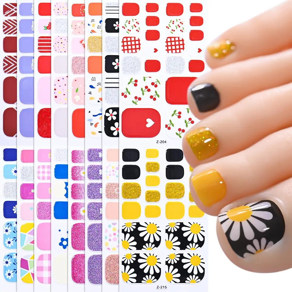22tips/Sheet Baking Free Daisy Flower Toenail Sticker Full Cover Toe Nail Wraps Glitter Toenail Polish Strips DIY Foot Decals