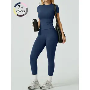 Two-Piece Set Women's Solid Ribbed Long Sleeve Tee & Leggings Sport Set Casual Breathable Quick Drying T-shirt & Skinny Pants Set for Yoga Gym Workout Running, Ladies Sportswear for All Seasons Yoga Clothes Set