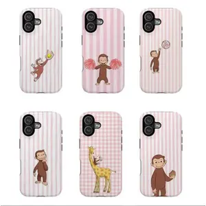 Pink Striped Curious George Phone Case – PBS Kids Monkey Cartoon Phone Cover with Cheerleader, Volleyball & Giraffe Design, Case Cover Compatible With iPhone 17 16 15 14 13 12 11 Pro Max X XS, Galaxy S25 S24 S23 S22 Ultra Durable Protection