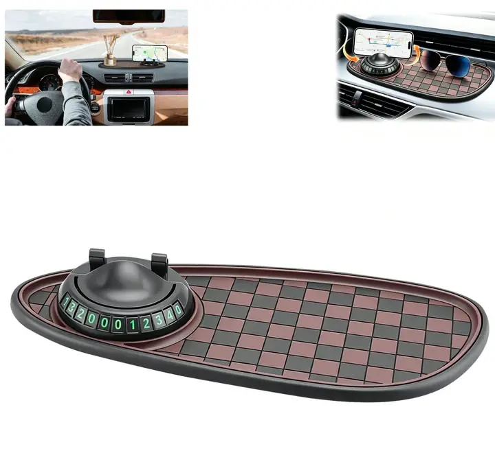 Universal Anti-Slip Car Dashboard Mat with 360°Rotating Phone Holder, Multifunctional Car Dashboard Mobile Phone Holder with Temporary Parking Number, Auto Dashboard Organizer for Phones, Sunglasses, Keys, and Daily Essentials, Car Interior Accessories