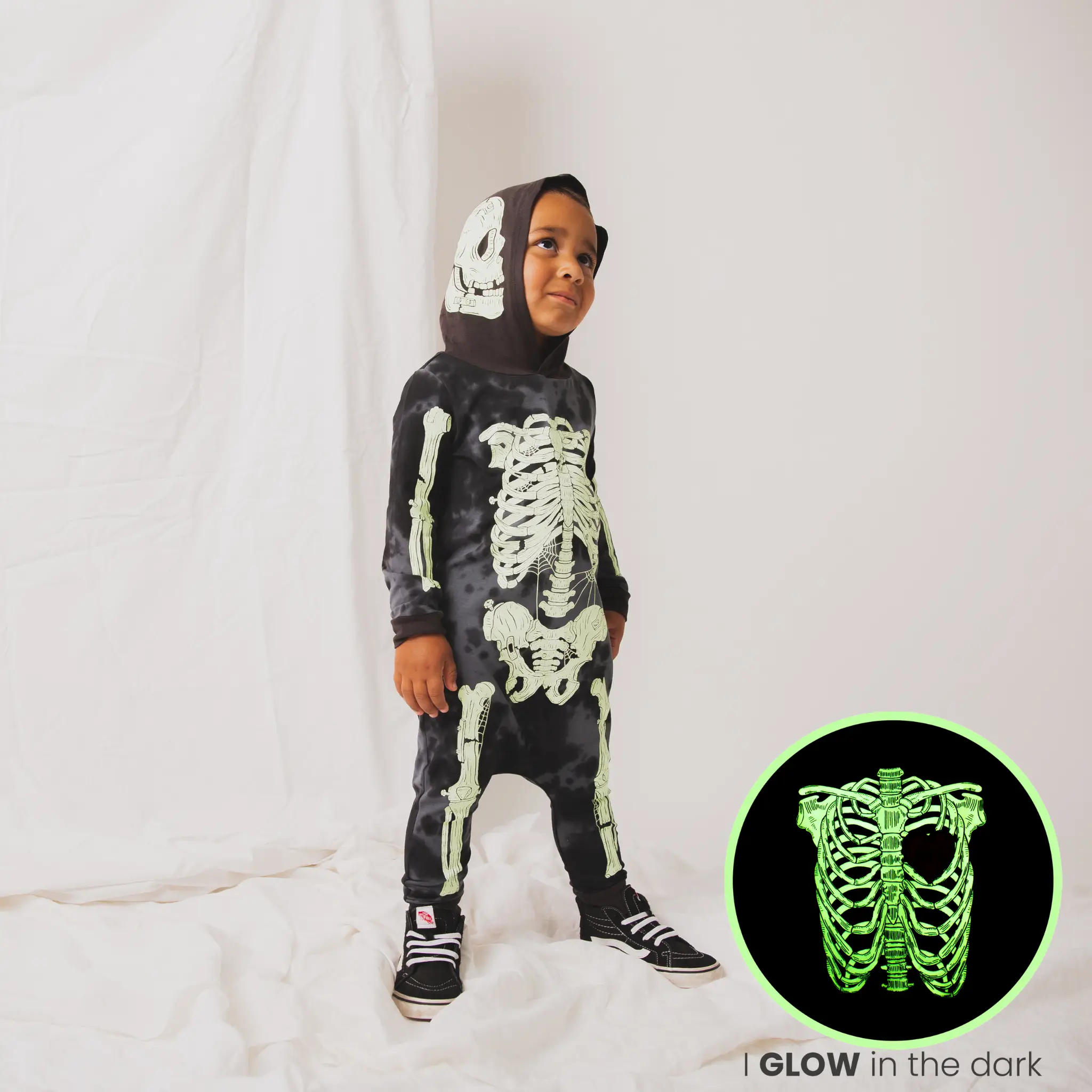 Glow in the Dark Rag Romper - 'Full body Skelly' - Black - Kids Skeleton Romper
