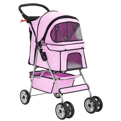 BestOffice 3/4 Wheels Pet Stroller for Cats & Dogs All Pets Up to 25lbs Foldable Travel Carrier Safety Leash & Mesh Windows Lightweight Jogger Stroller with Storage Basket