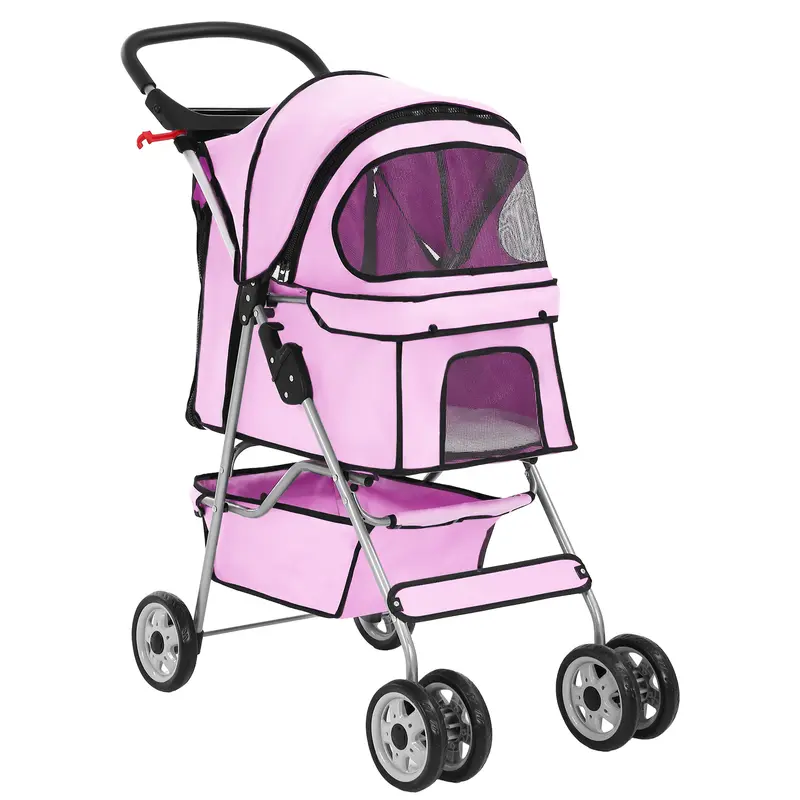 BestOffice 3/4 Wheels Pet Stroller for Cats & Dogs All Pets Up to 25lbs Foldable Travel Carrier Safety Leash & Mesh Windows Lightweight Jogger Stroller with Storage Basket
