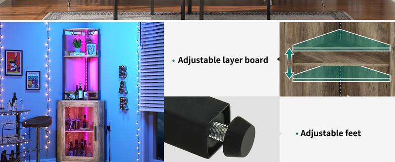 DWVO Corner Wine Cabinet with Power Outlets & LED Lights, Corner Bar Cabinet with Glass Holder, Liquor Bar Rack Cabinet for Living Room, Dining Room, Kitchen, Gray Oak