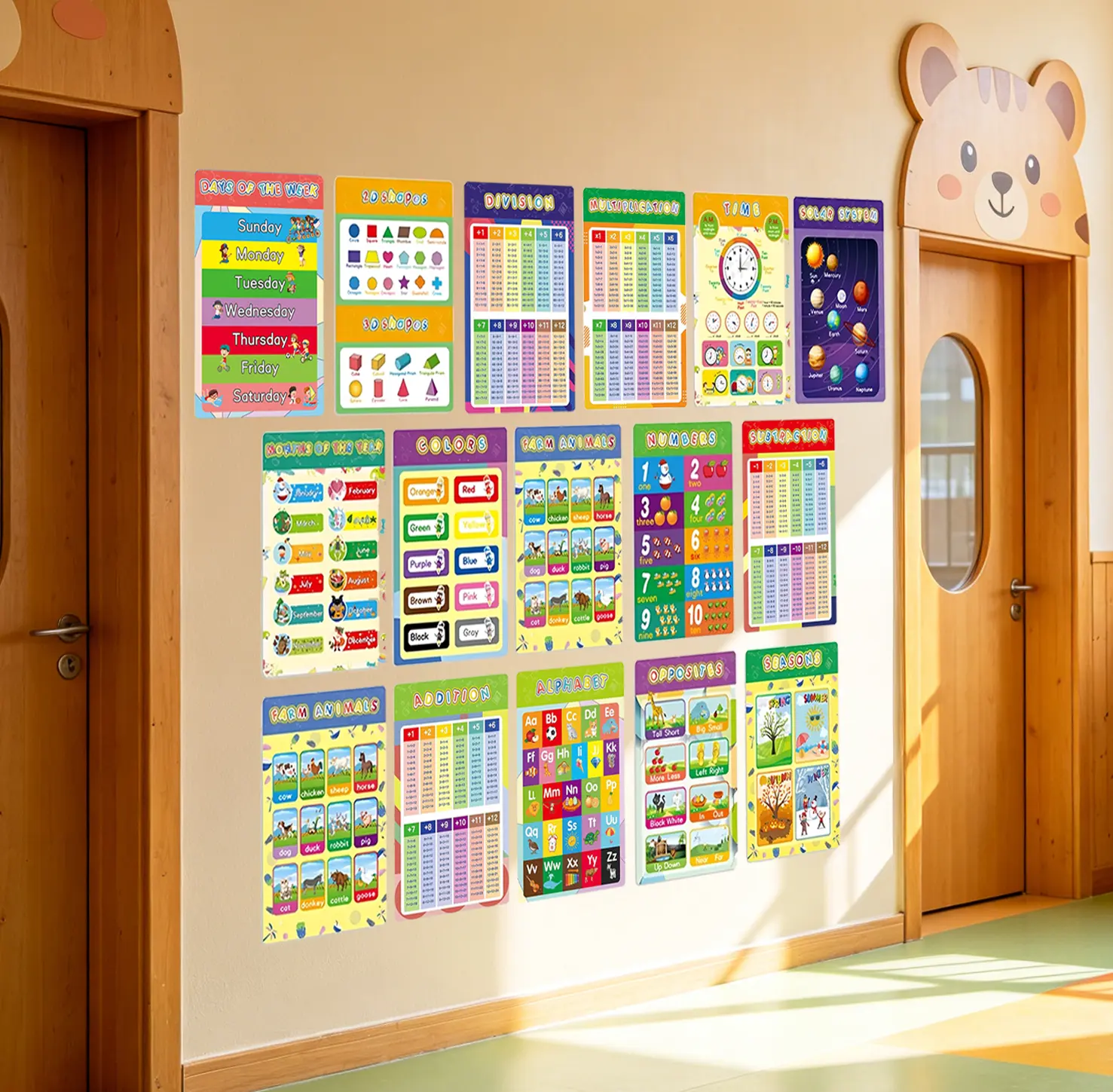 16 Laminated Thick Paper Vibrant Educational Wall Charts - Preschooler-PreK Learning Materials with Week, Solar System, Farm Animals, Seasons, Months Themes - Toddler Gifts for 1-3 Year Olds, Bright Colors Homeschool Classroom Supplies, 12"X17" Each, 300G