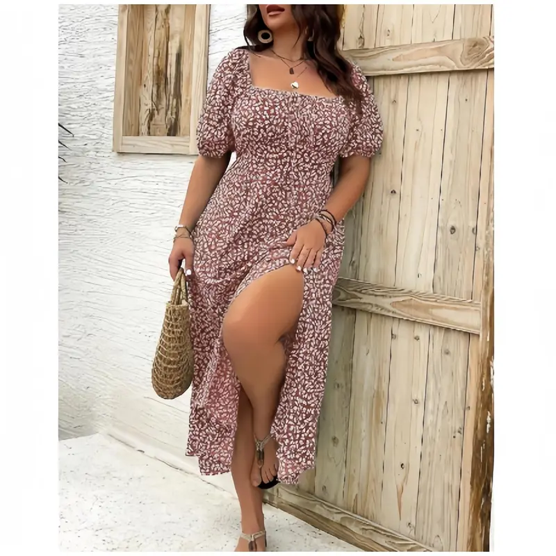 Plus+Size】+Ditsy+Floral+/+All+Over+Print+Split+Thigh+Dress,+Casual +Puff+Sleeve+Tie+Front+Dress,+Women+Plus+Clothing+for+Summer+Daily+Wear,+ Summer+Dresses
