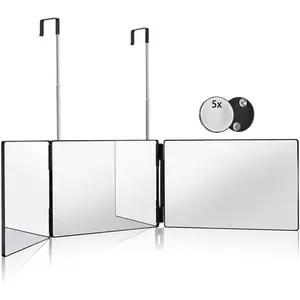 3 Way 360 Trifold Mirror for Hair Cutting, with Height Adjustable Telescoping Hooks and 5X Magnification, Perfect for Makeup and Hair Styling