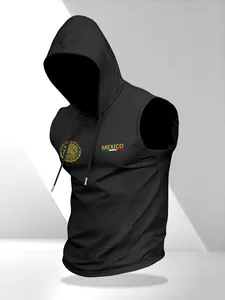 Men's Sporty Sleeveless Hooded T-Shirt, Gym Top, Athletic Active Tops, Fitness Sport Top, Gym Athletic Clothes, Casual Daily Wear, Vintage Mexican Emblem Graphic, Ideal Gift for Him