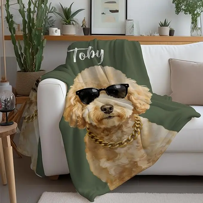 Custom Pet Portrait Fleece Blanket - Personalized Watercolor Dog/Cat Photo, Name, Decorative Text, Wrinkle Resistant, Cozy Aesthetic, Warm Aesthetic Throw for Pet Lovers, Cousins, Grandma