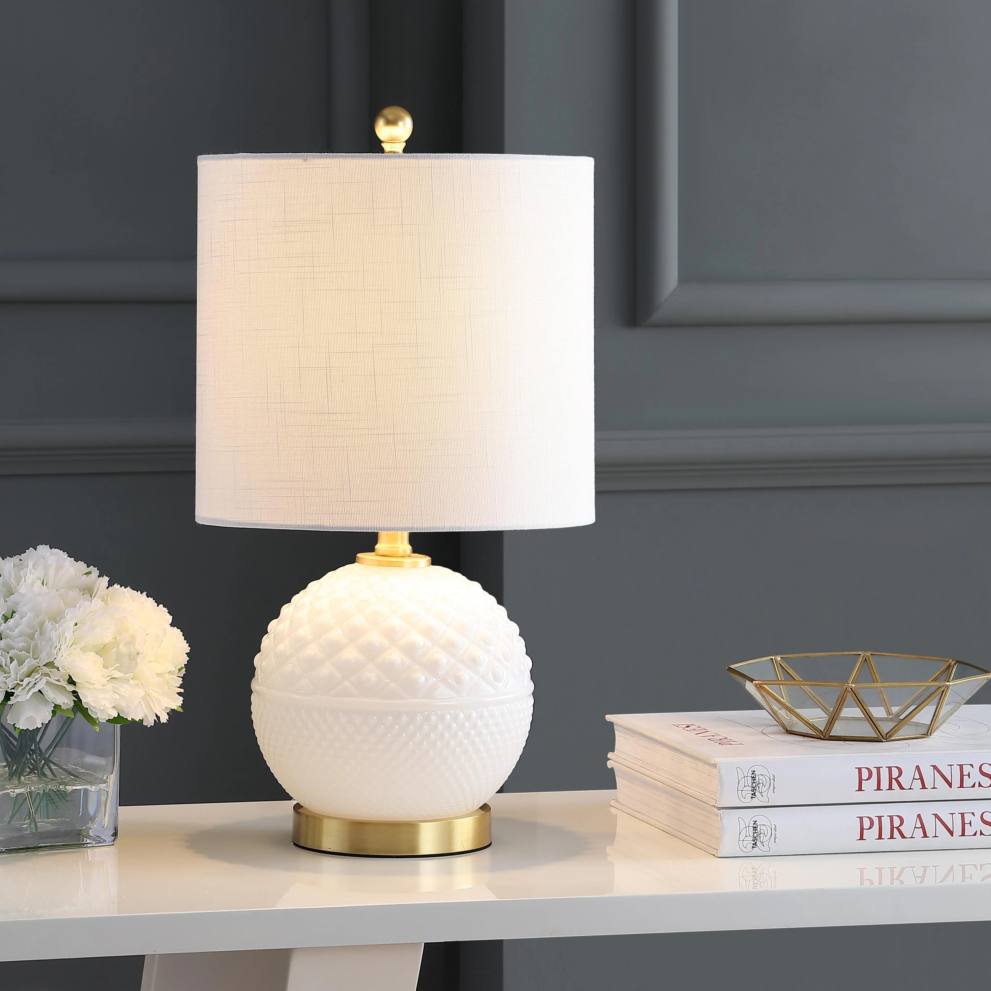 JONATHAN Y Julienne Hobnail Glass/Metal Table Lamp 20.5", White/Brass Gold | Contemporary Style, Linen Drum Shade, Rotary Switch, UL Listed, LED Bulb Included, Bedside Nightstand Lighting