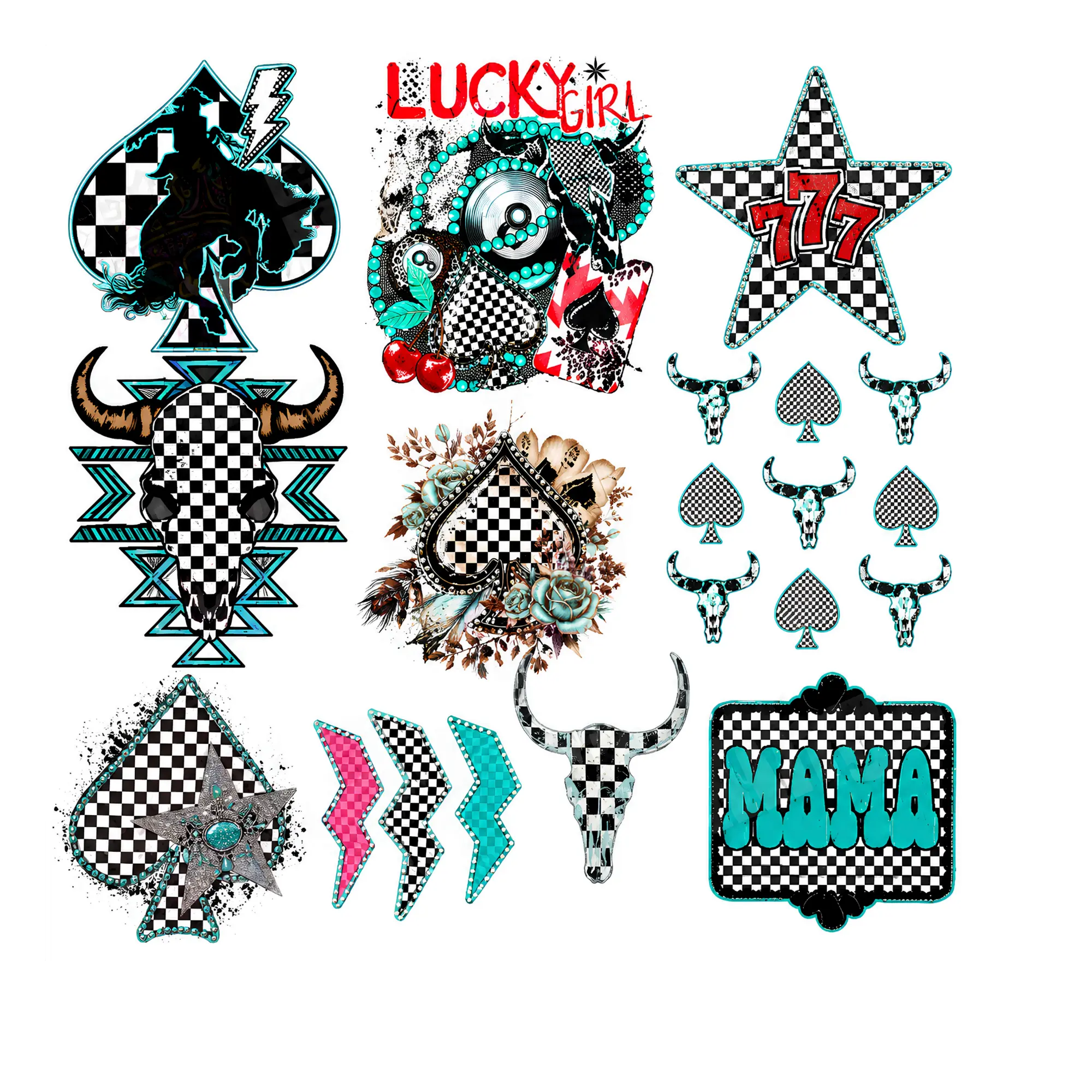 Western Checkered 1 Cowgirl DTF Gang Sheet – Ready to Press Premium Heat Transfer