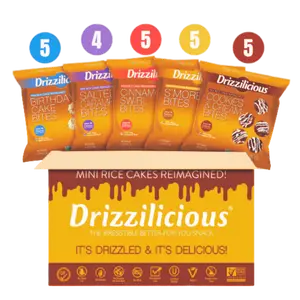 Drizzilicious Mini Rice Cake 5 Flavor Variety [S'mores, Birthday, Cinnamon, Cookies, Caramel] .74oz