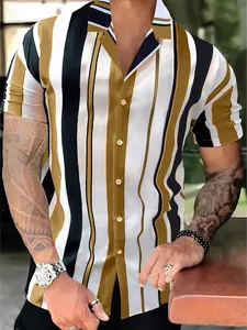 Men's Brown-Black Stripe 2-Piece Casual Outdoor Menswear Set - Short Sleeve Camp Collar Striped Shirt & Black Drawstring Shorts, Breathable Lightweight Fabric, Loose Fit for Hiking, Beach Days & Summer Outdoor Activities, Summer Outfit Set