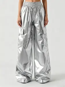 New Youth Fashion Summer Girls' Silver Color Holographic Flip Pocket Gradient Workwear Loose-Fit Casual Pants