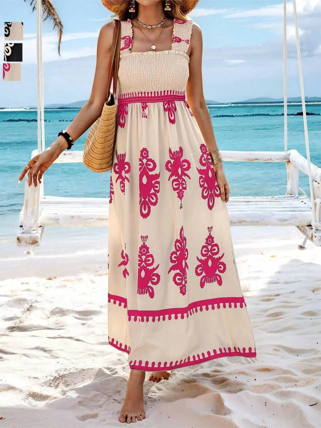 Women's Summer Beach Dress, Sexy Long Sleeveless Draped Design, Loose-Fitting Digital Print Floral Bohemian Boho Vacation Style Casual Wear, Fashionable Outerwear - TikTok Shop Women's Summer Beach Dress, Sexy Long Sleeveless Draped Design, Loose-Fitting Digital Print Floral Bohemian Boho Vacation Style Casual Wear, Fashionable Outerwear - TikTok Shop