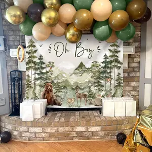 25Pcs Adventure Awaits Oh Boy Backdrop for Boy Let The Adventure Begin Baby Shower Decorations Green Balloons Forest Mountains Woodland Animals Birthday Party Decor