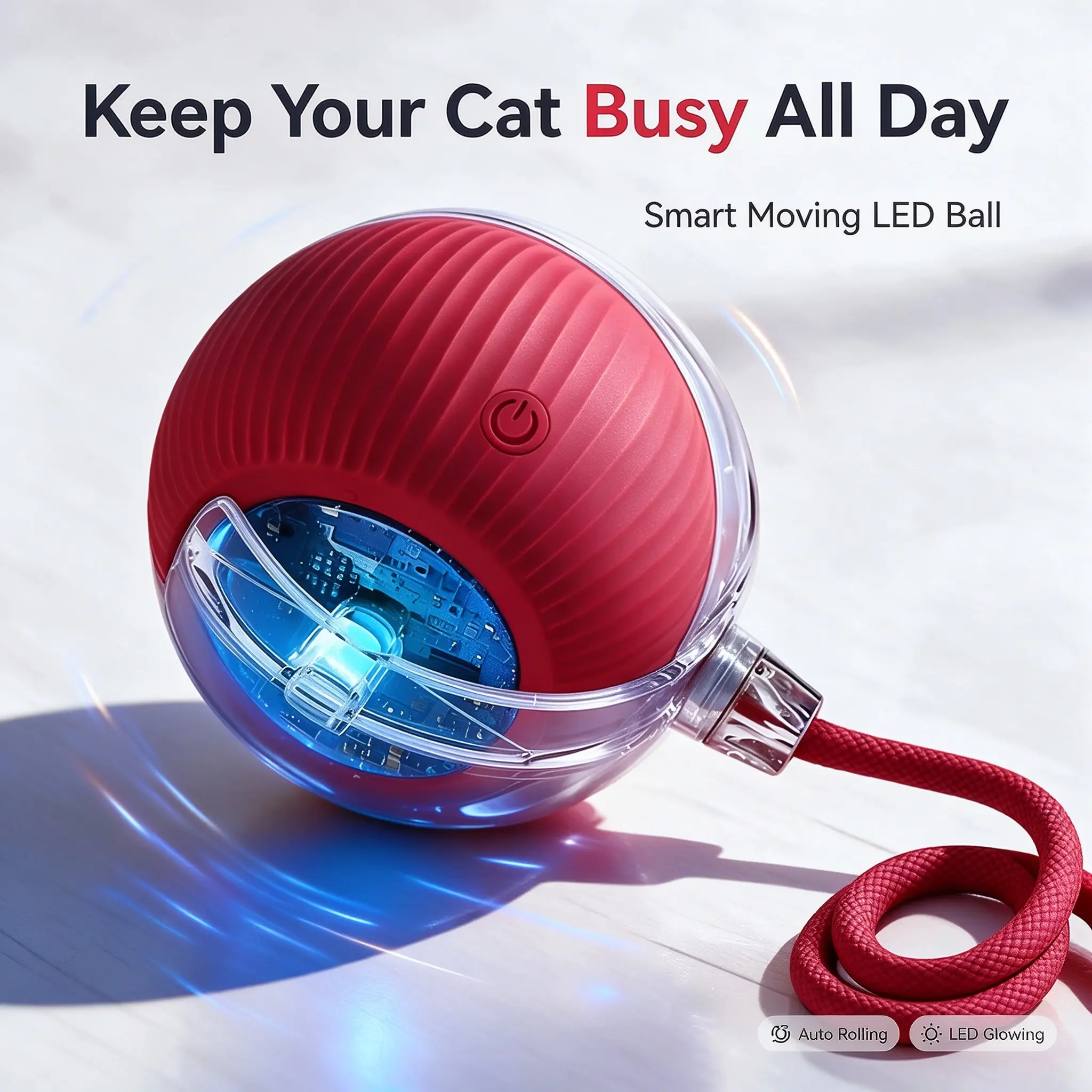 MeiyidaLiving Smart Moving LED Cat Ball, Automatic Rolling Interactive Cat Toy, USB Rechargeable Obstacle Avoidance Pet Ball, Keep Your Cat Busy All Day