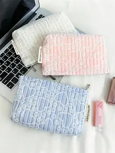 Cute Embroidered Heart Pattern Handbag, Fashionable Cross-Stitch Makeup Bag, Large Capacity Cosmetic Pouch, Portable Travel Storage Bag, Cosmetics Organizer, Makeup Organizer Pouches