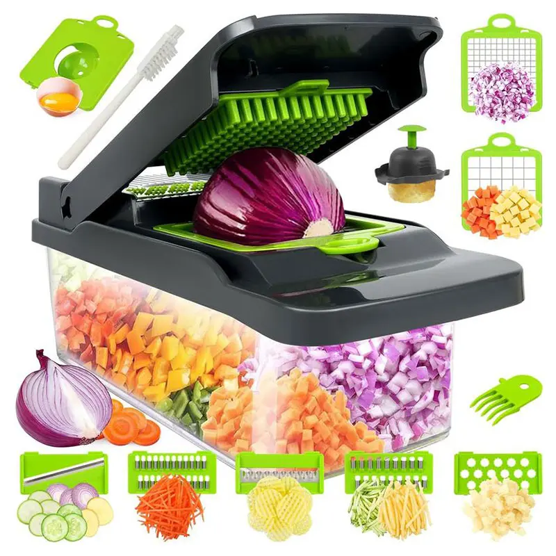 Kitchen Game-Changer 16-in-1 Chopper Stainless Steel Food Container Quick Prep Tool Multifunctional Vegetable Chopper with Interchangeable Blades for Chopping Slicing and Grating