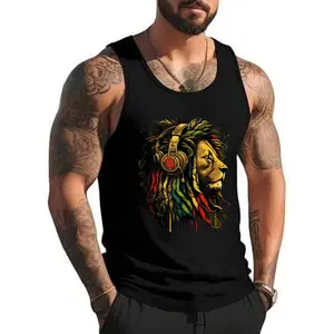 Style A H354 Rasta Reggae Music Headphones Jamaican Pride Lion Of Judah Tank Top , Summer Gym Muscle Sleeveless, Casual Knitted Slim Fit Beach Tank top Fabric Menswear