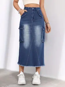 JUNBAOSS Women's Casual Stretch Mid Rise Long Denim Skirt Women Button Down Mid-Length Streetwear Denim A Line Skirt with Cargo Pocket