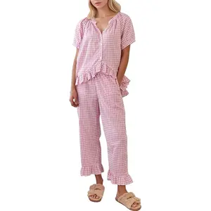 Womens Gingham Pajama Set 2 Piece Plaid Cotton Pjs Cute Ruffle Sleepwear Maternity Bridesmaid Pajamas Loungewear
